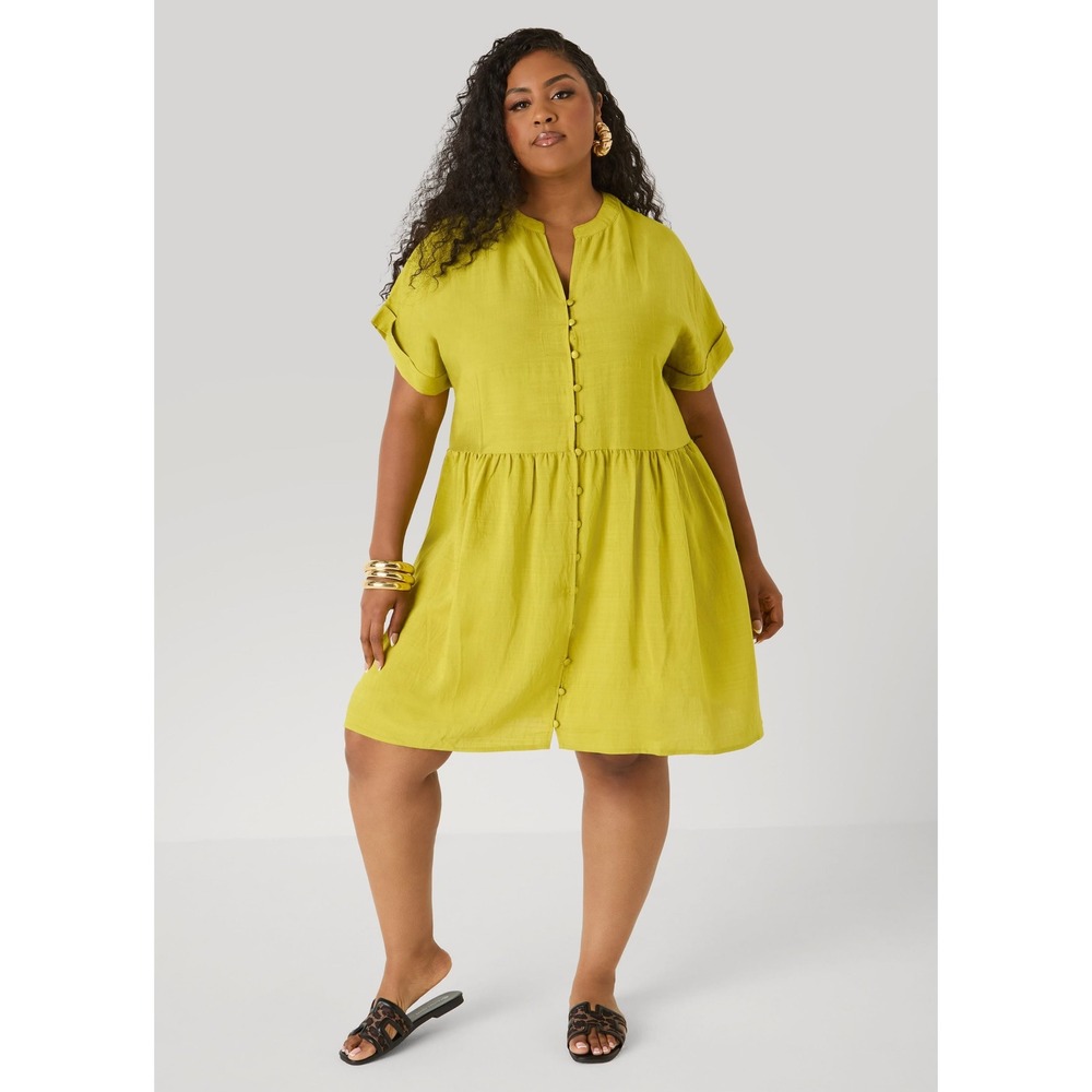 Ashley Stewart Plus Size Lime Green Button Down Flowy Mini Dress 18/20